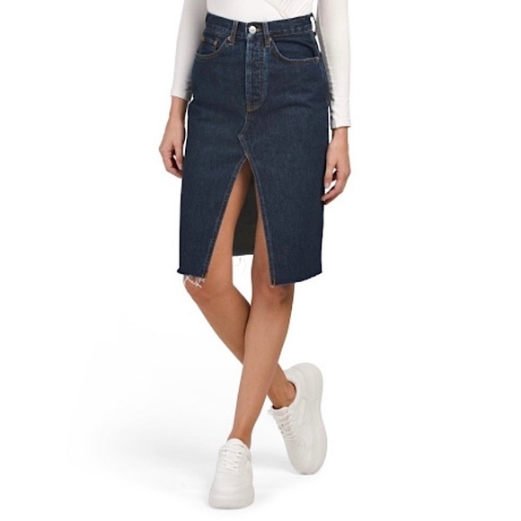 NWT RE/DONE 90s High Waist Front Slit Dark Denim Raw Fray Hem Midi Jean Skirt 26 - Picture 2 of 6